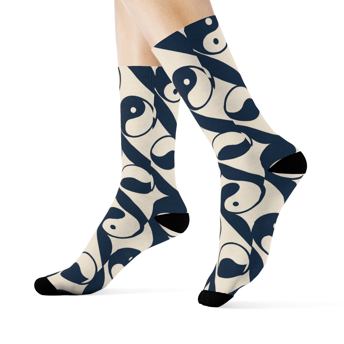 Indigo Cream Taijitu Waveband Lattice comfortable cotton crew socks