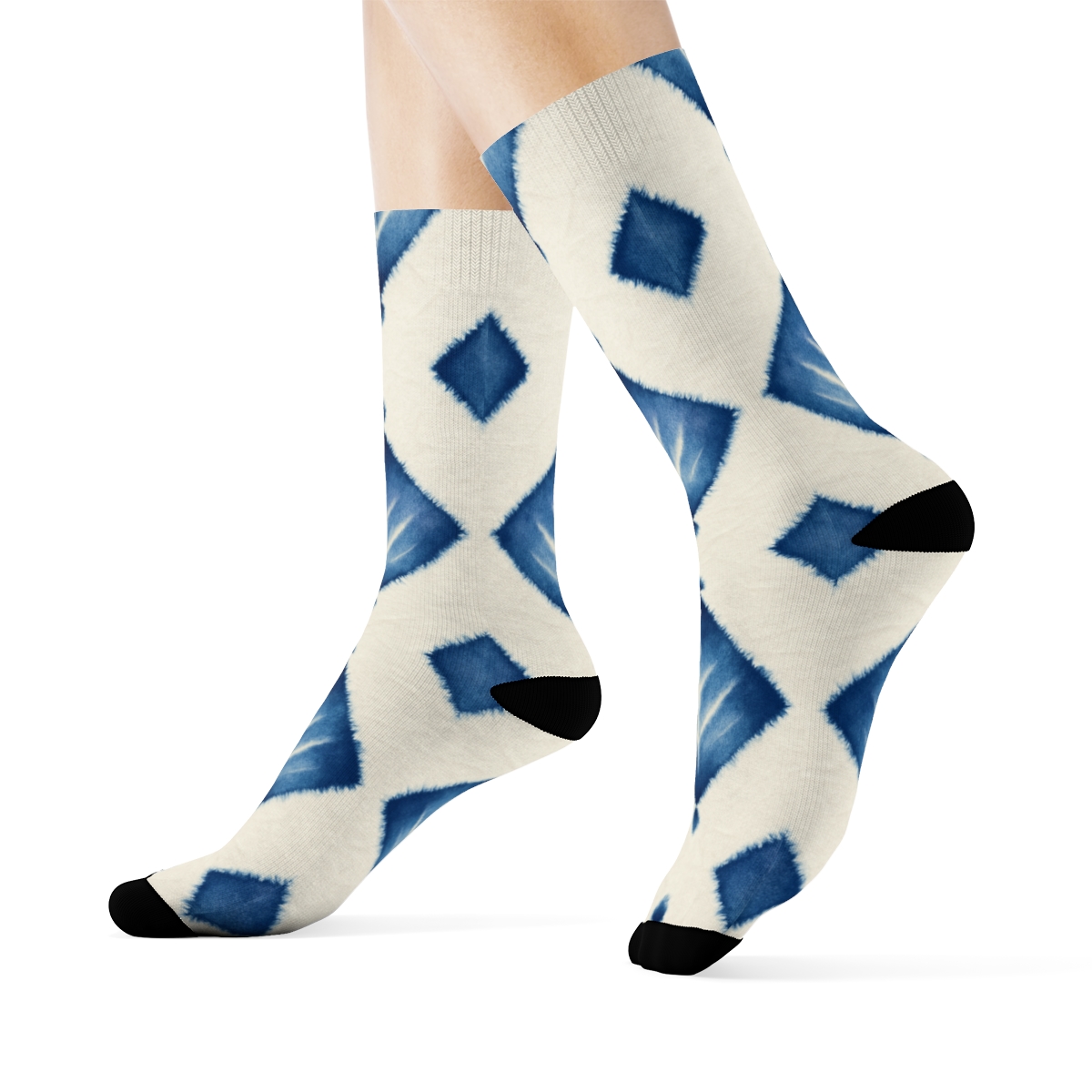 Indigo Shibori Diamond Parade On Ivory Background personalized crew socksIndigo Shibori Diamond Parade on Ivory Background Crew Socks - Image 3