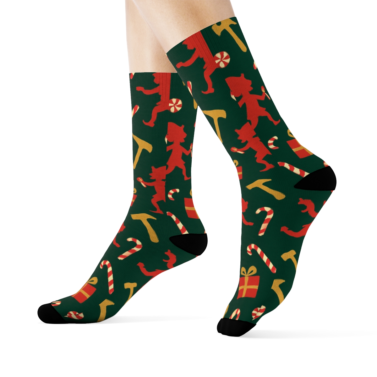 Elves Workshop Scatter On Forest Green soft everyday crew socks