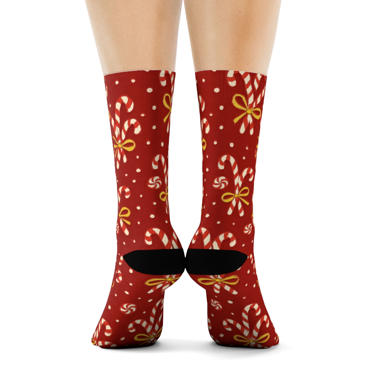 Snowfall Scatter Over Candy Canes Forest Red designer printed crew socks