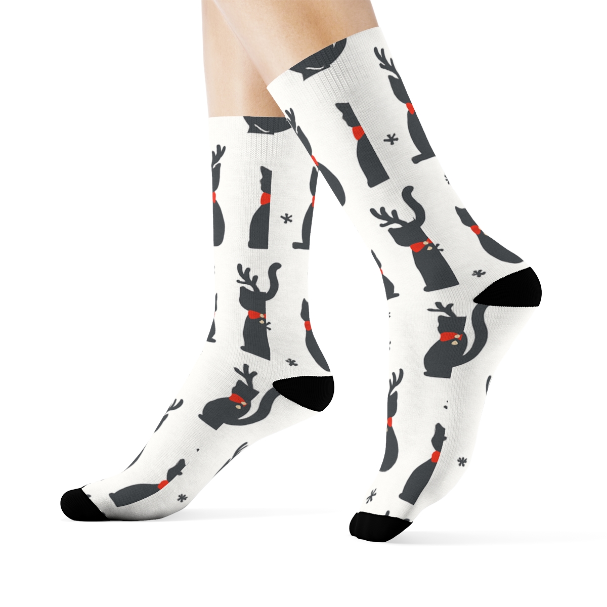 Minimalist Reindeer Cat Silhouettes Grid On White Background trendy patterned crew socks
