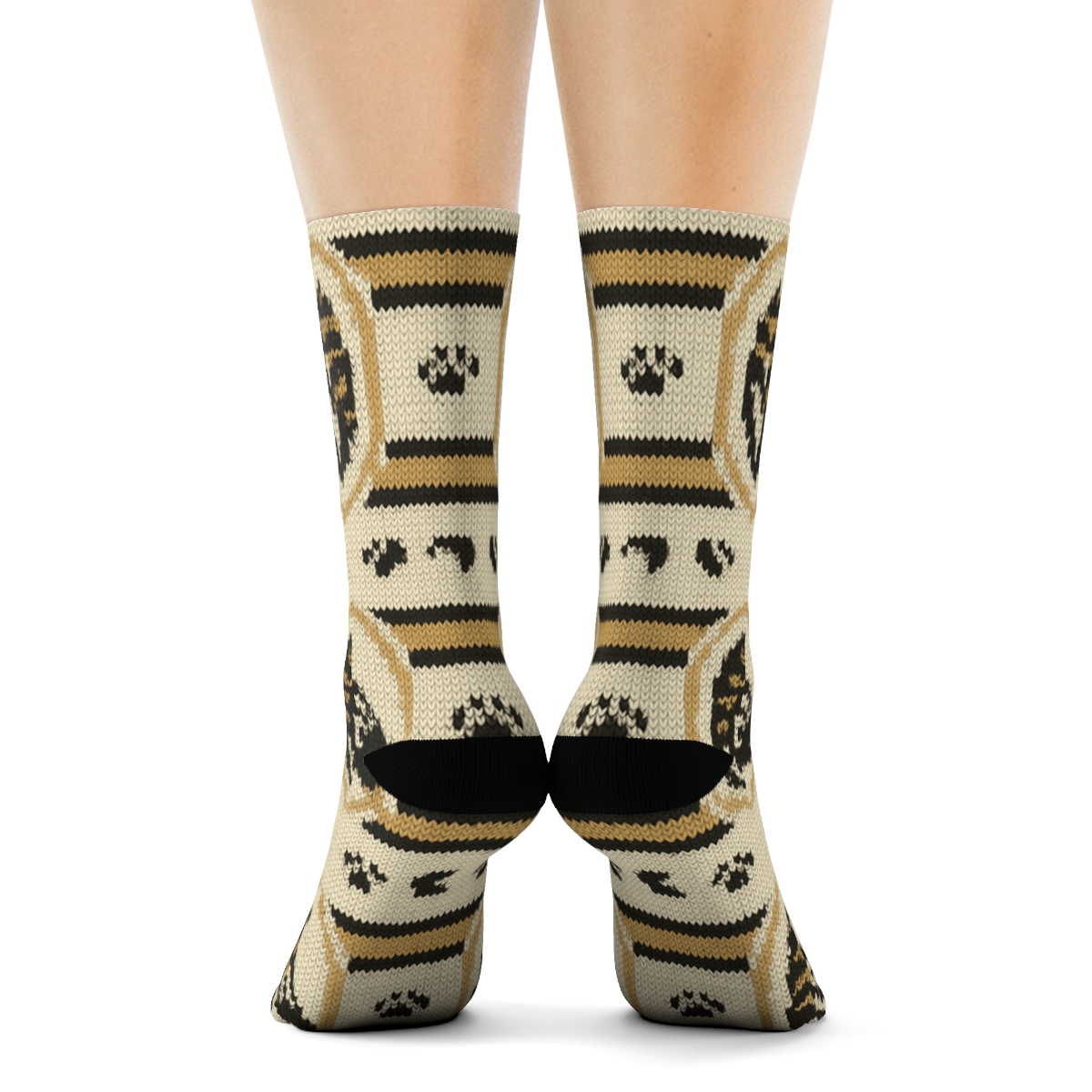 Cream Safari Knit Stripe Medallions trendy patterned crew socks