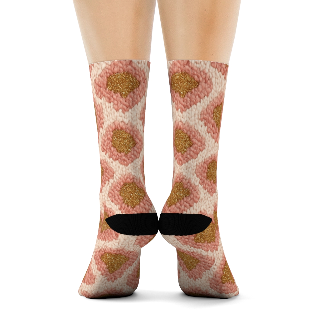 Blush Gold Knit Rosette Chevron Tile designer printed crew socks