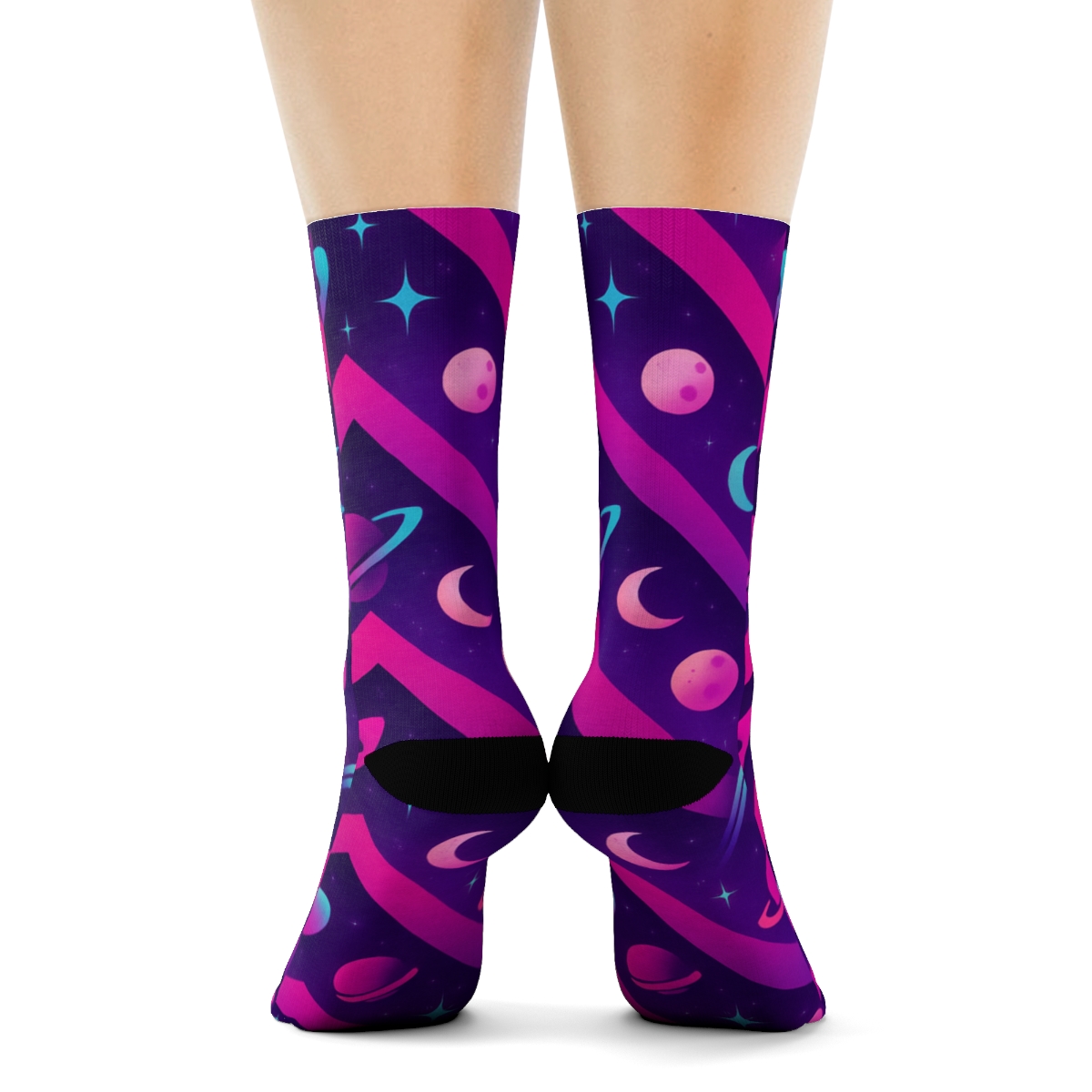 Neon Retro Rocket Chevron On Cosmic Purple Gradient trendy patterned crew socks