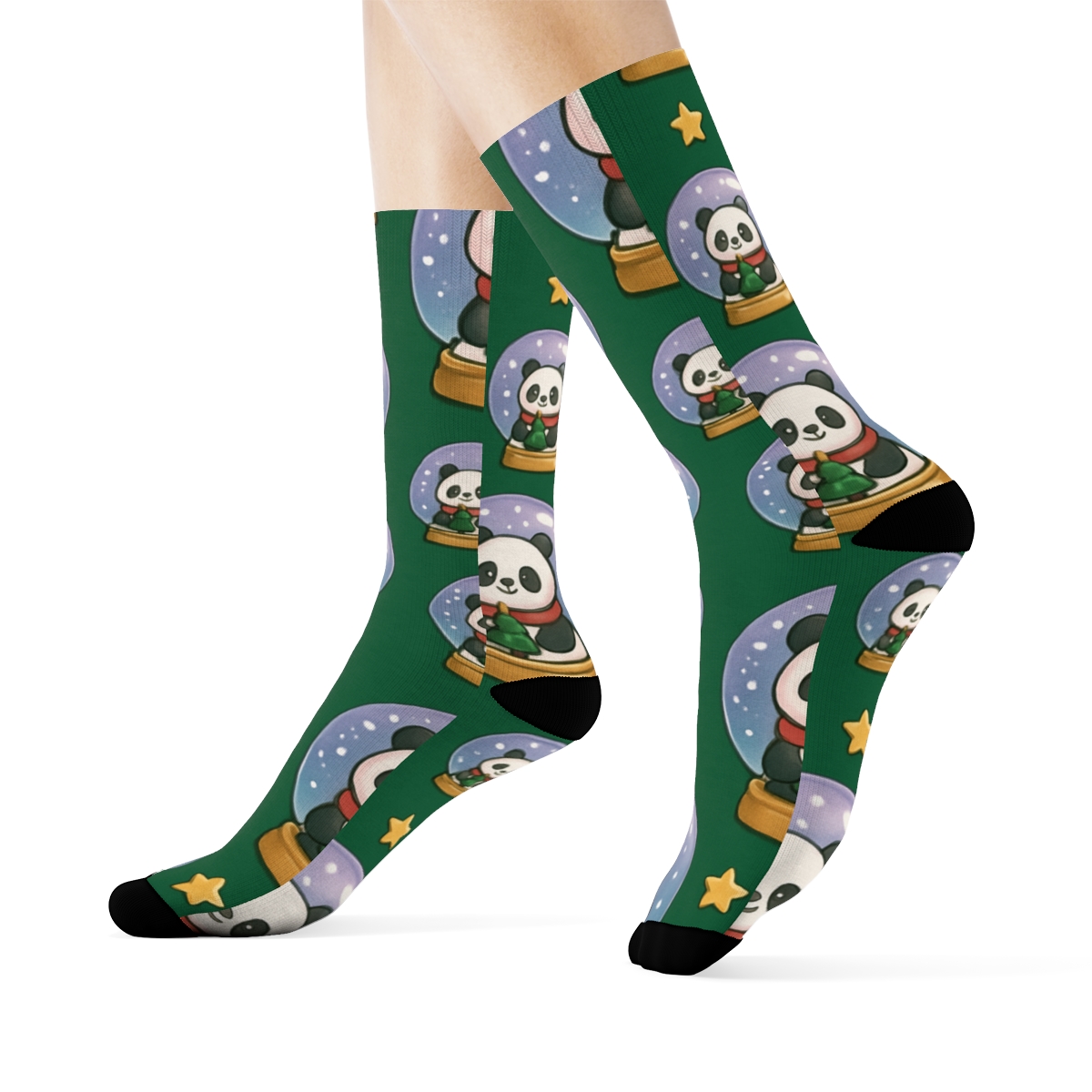 Lavender Panda Snow Globe Tiles On Pine Green Background comfortable cotton crew socks