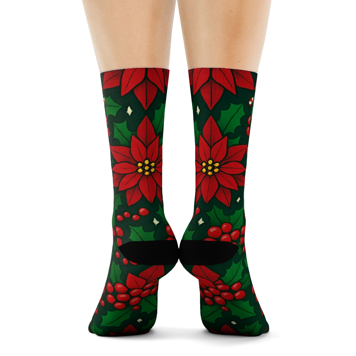 Crimson Poinsettia And Holly Tessellation On Midnight Green Background custom crew socks