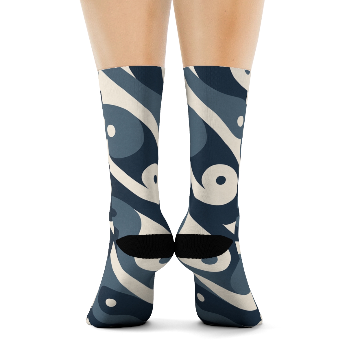 Indigo Cream Interlaced Wave Yin Yang Repeat designer printed crew socksIndigo Cream Interlaced Wave Yin Yang Repeat Crew Socks - Image 4