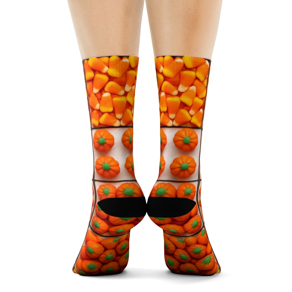 Candy Corn And Mini Pumpkin Checkboard On White Background designer printed crew socks