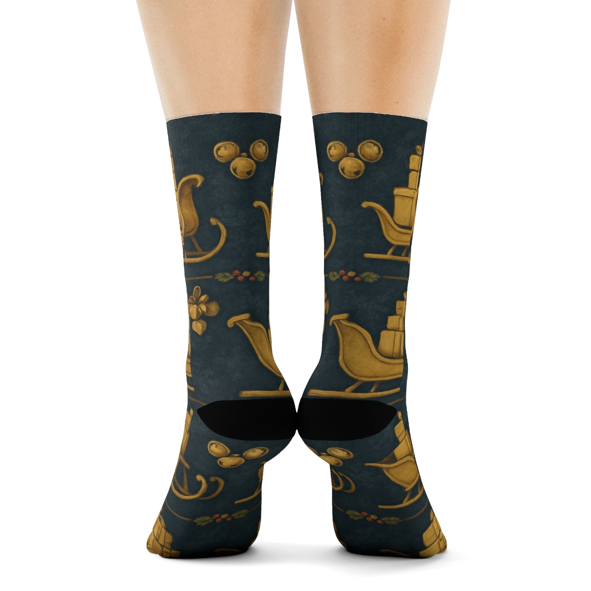 Lantern Lit Pattern With Sleigh Parade In Gold Accents stylish athletic crew socks