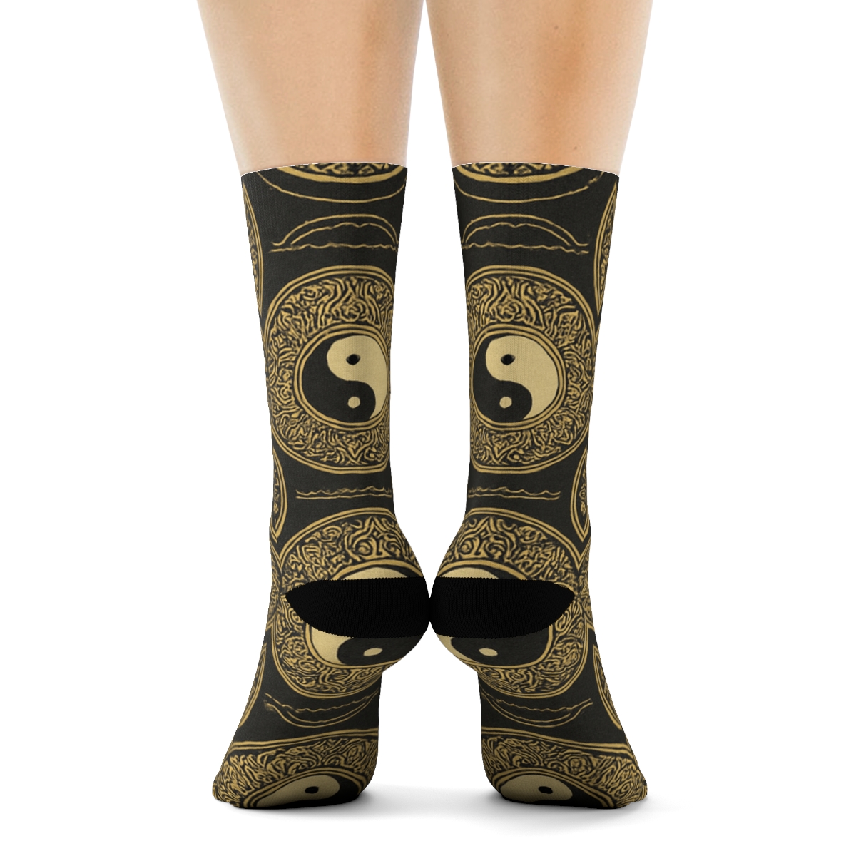 Gold Filigree Yin Yang Mandala Tiles On Charcoal premium sports crew socks