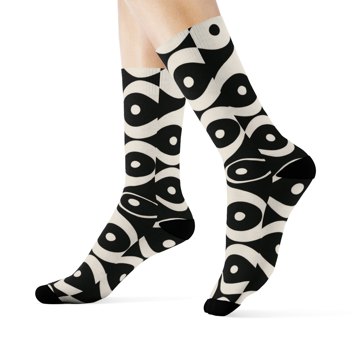 Monochrome Wave Band Yin Yang Stripe Repeat trendy patterned crew socksMonochrome Wave Band Yin Yang Stripe Repeat Crew Socks - Image 3