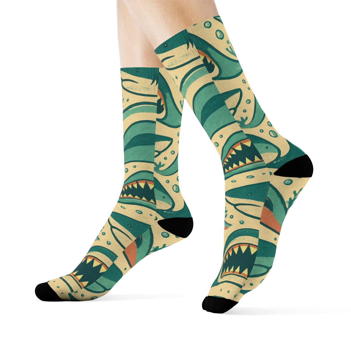 Vintage Marine Poster Look With Shark Jaws Border trendy patterned crew socksVintage Marine Poster Look with Shark Jaws Border Crew Socks - Image 3