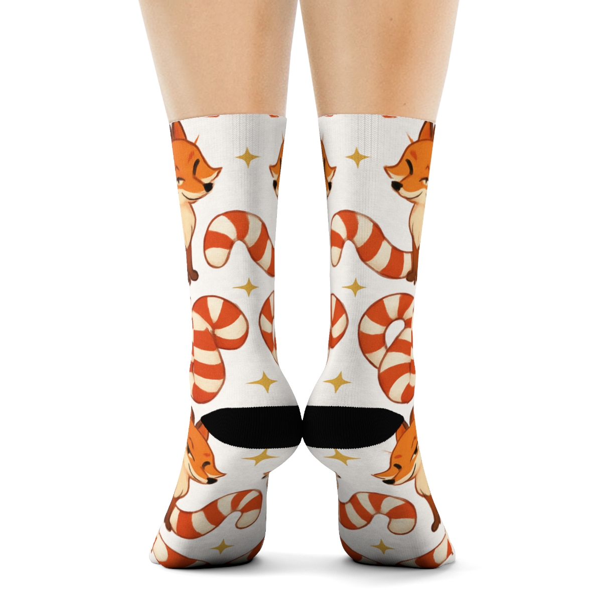 Candy Cane Fox Lattice On Snow White Background unique graphic crew socks