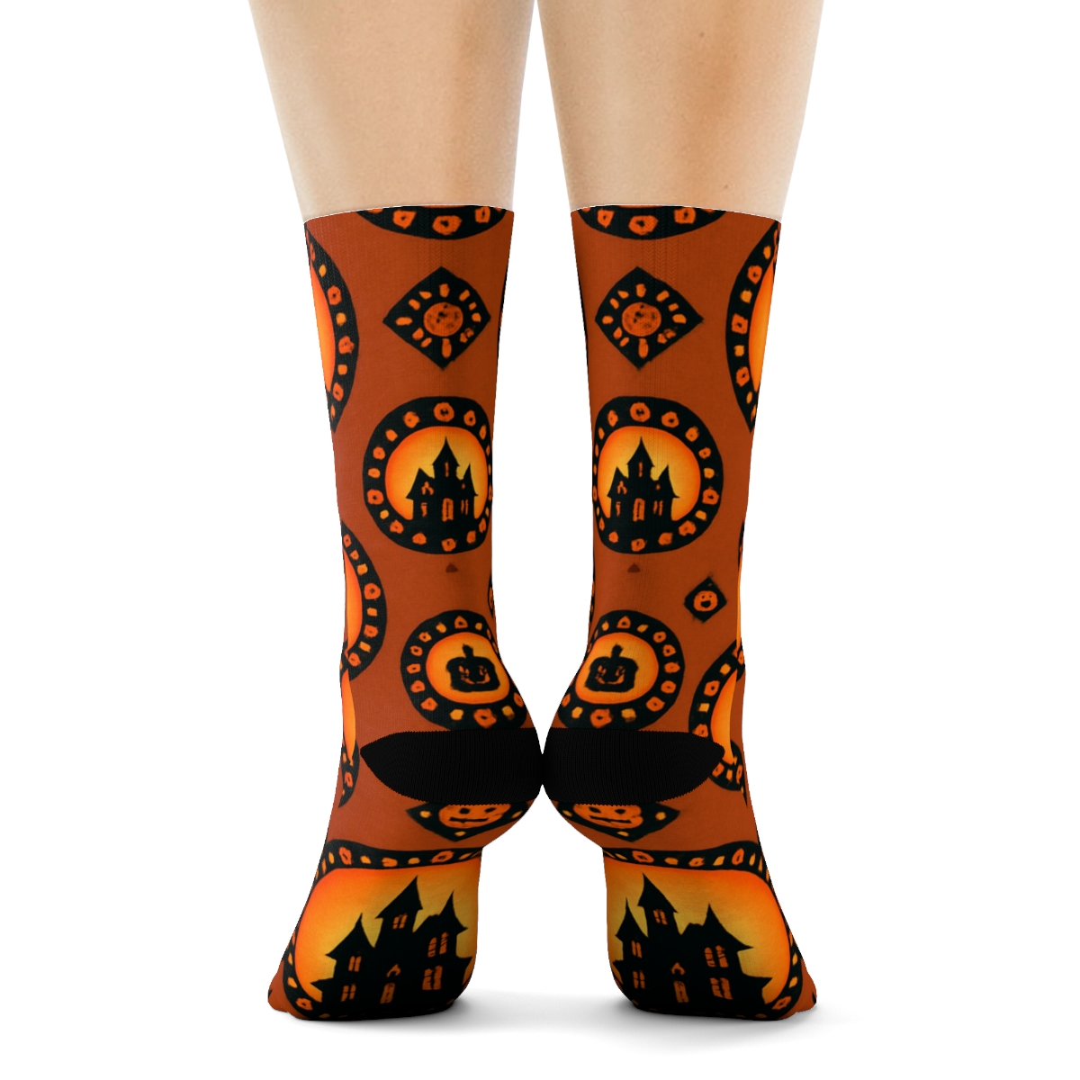 Haunted House Silhouette Medallions On Orange Background personalized crew socks