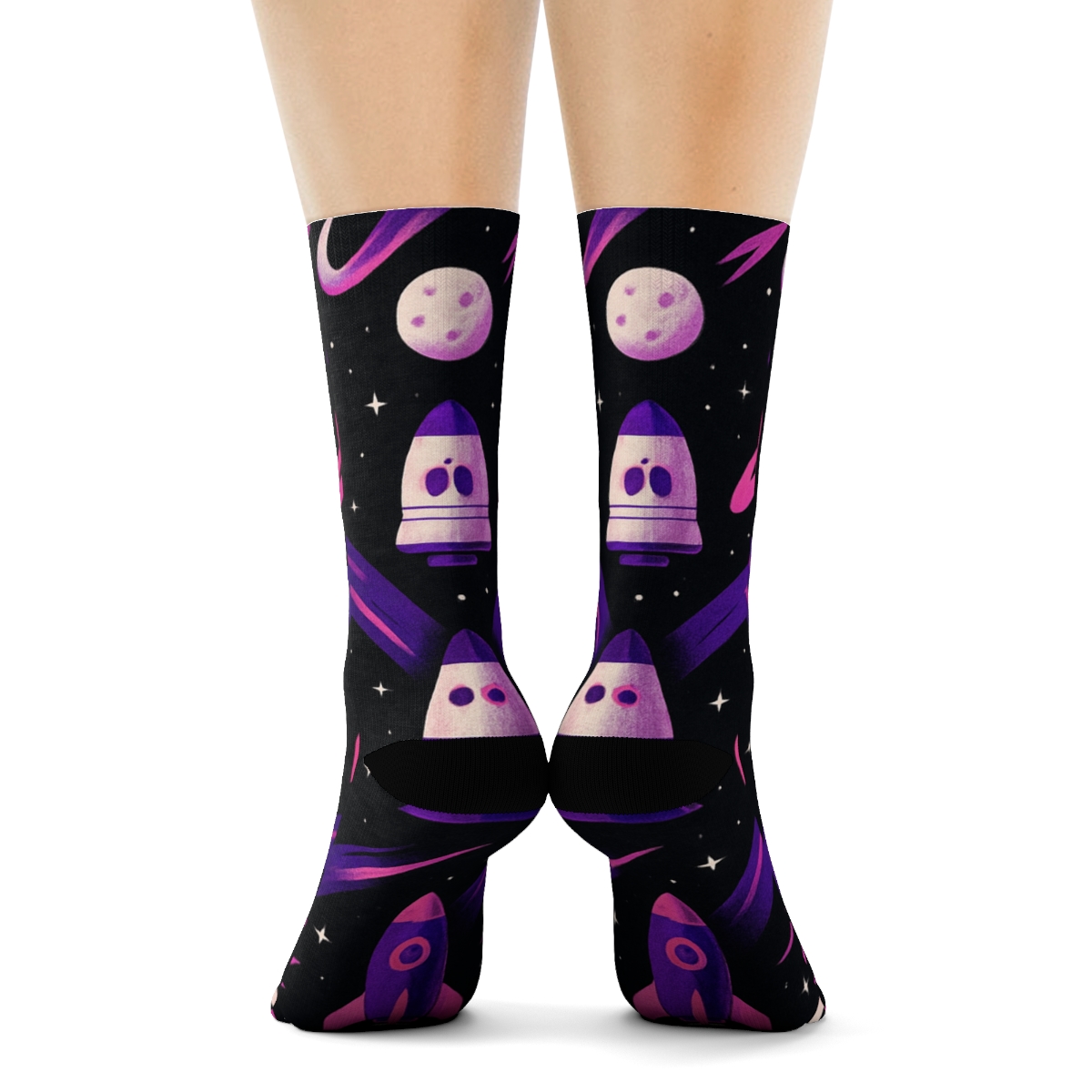 Cosmic Purple Retro Rocket Chevron On Black personalized crew socksCosmic Purple Retro Rocket Chevron on Black Crew Socks - Image 4