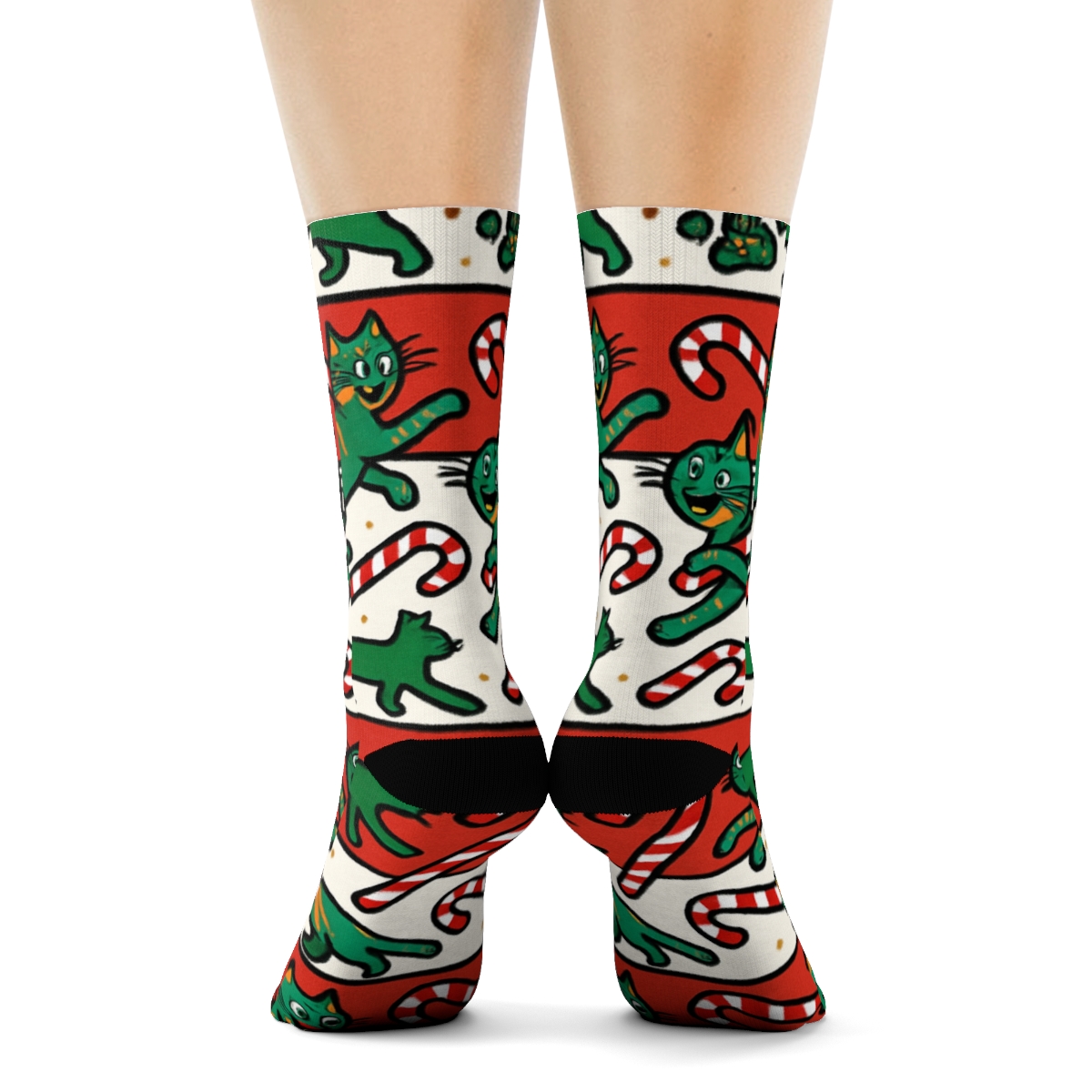 Candy Cane Cat Paw Stripe Bands On White Background soft everyday crew socks