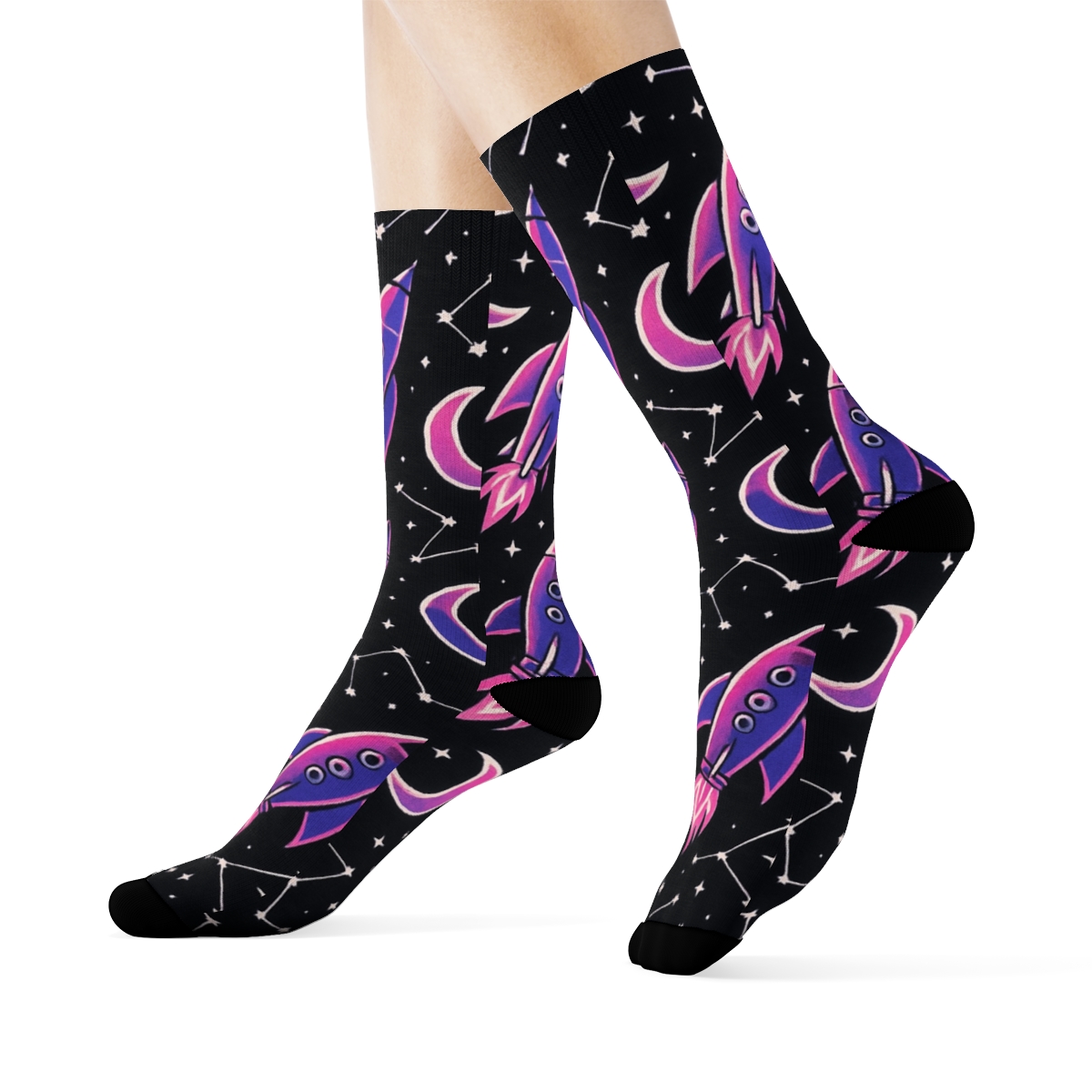 Cosmic Purple Rocket Chevron Grid On Black Background trendy patterned crew socks
