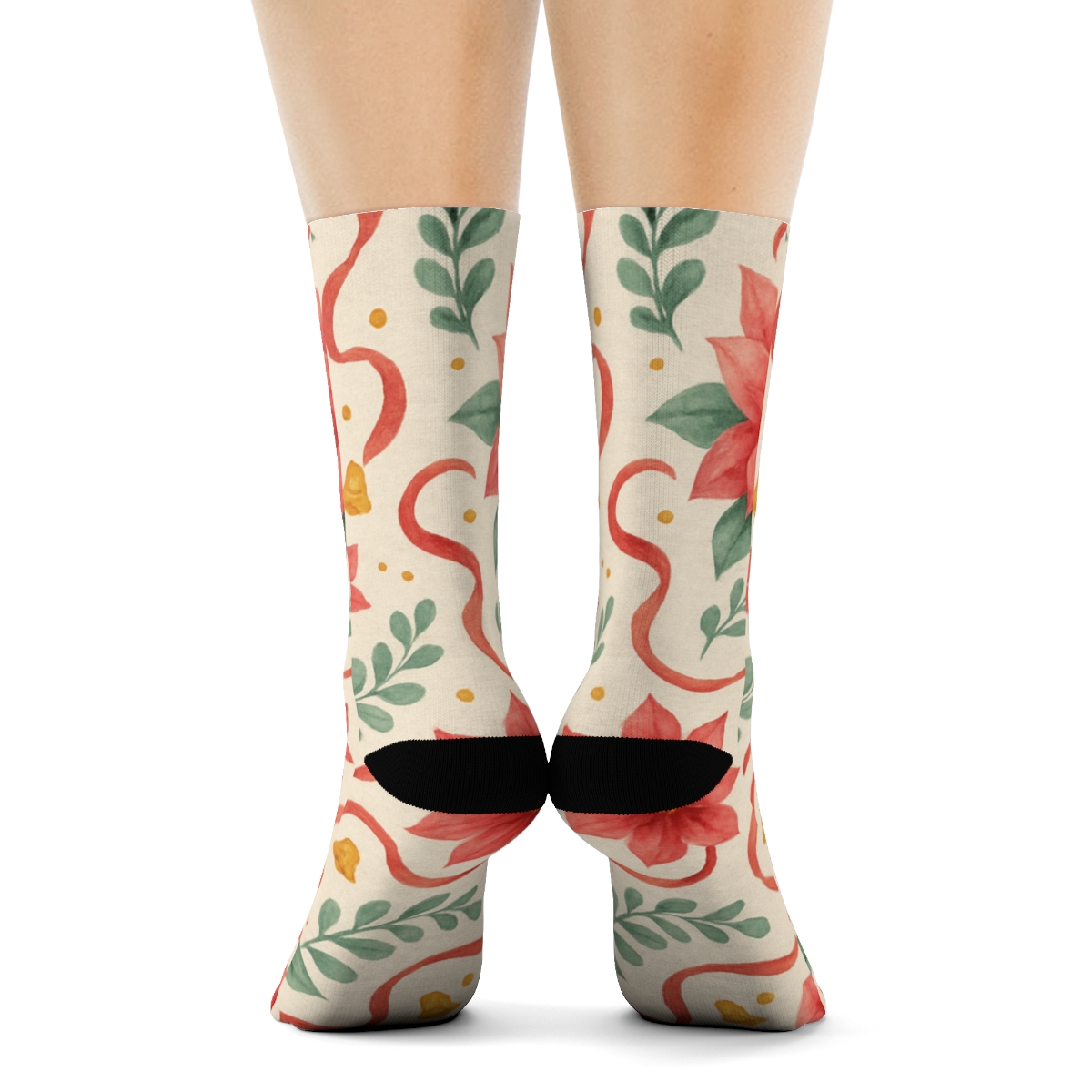 Poinsettia Ribbon Swirl Scatter On Warm Ivory Background soft everyday crew socks