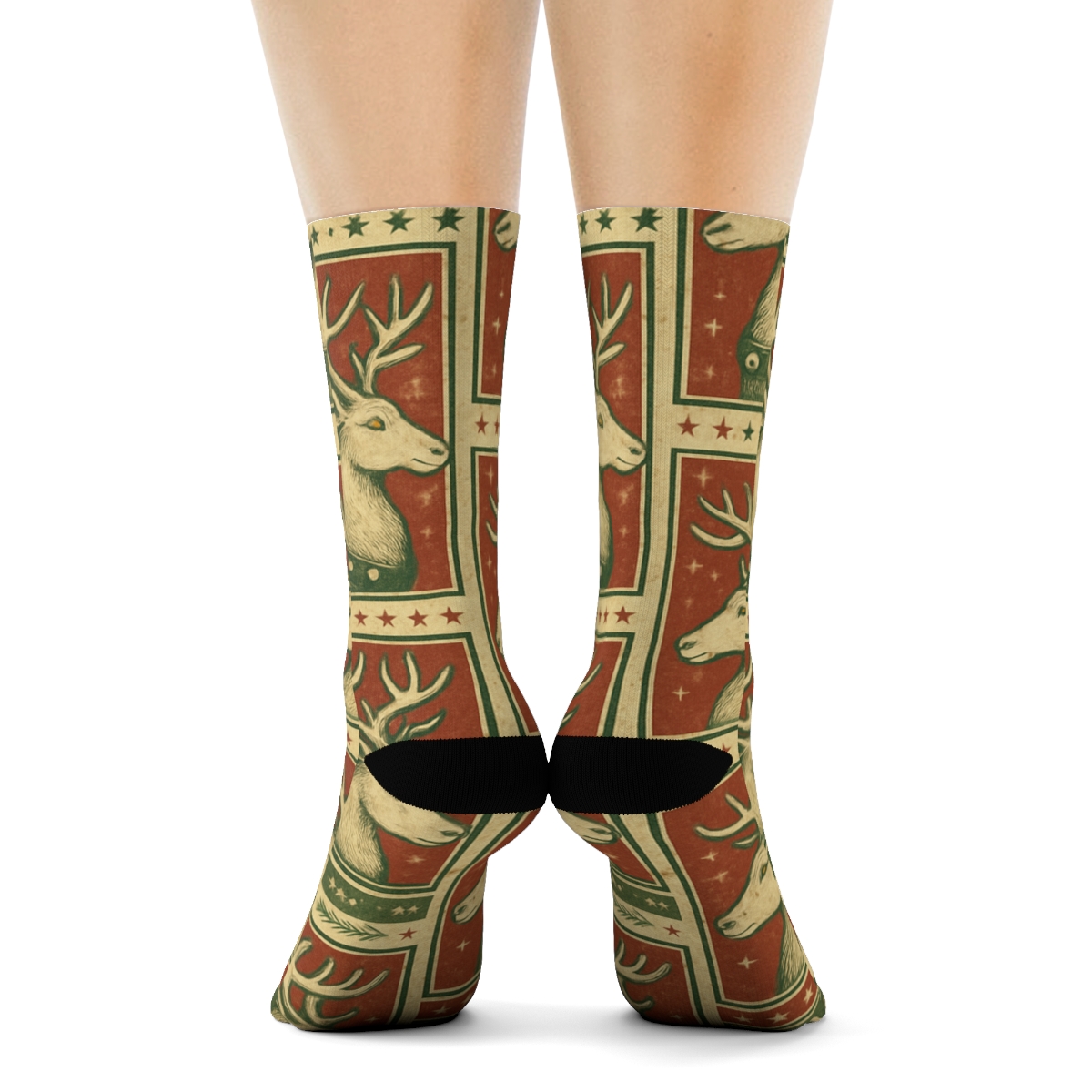 Vintage Reindeer Poster Panels, Christmas Repeat designer printed crew socks