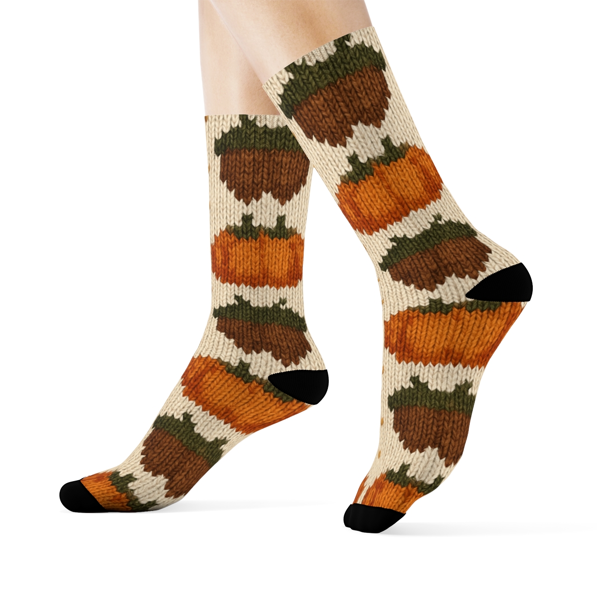 Knitted Pumpkin And Acorn Fair Isle On Creamy Beige Background comfortable cotton crew socks