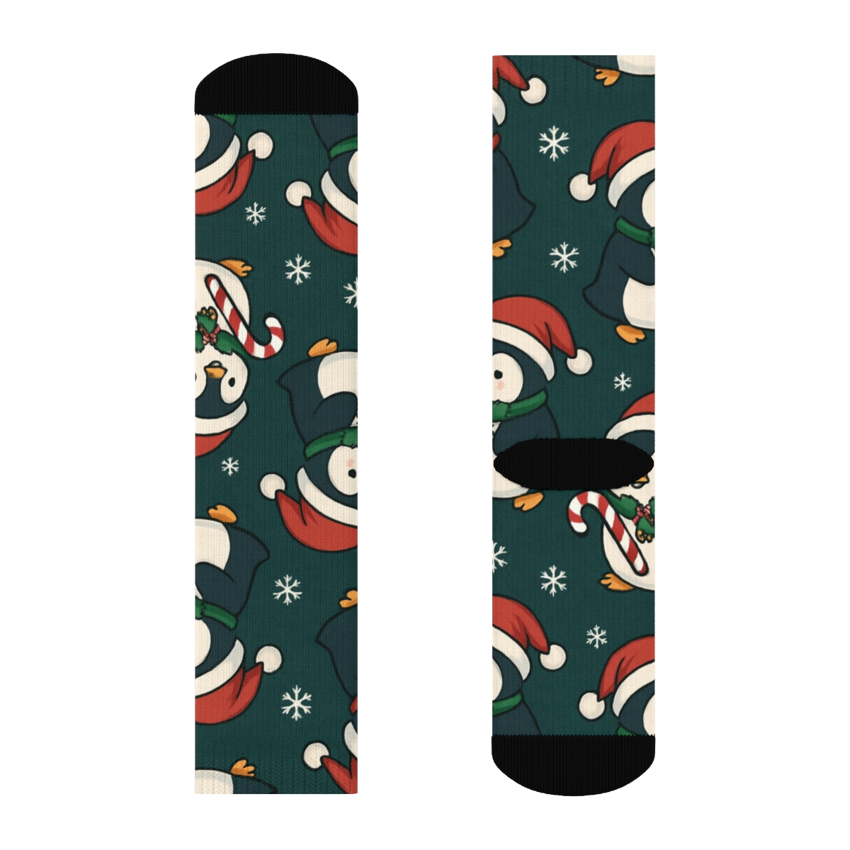 Holly Scarf Penguin Parade On Midnight Green Background comfortable cotton crew socks