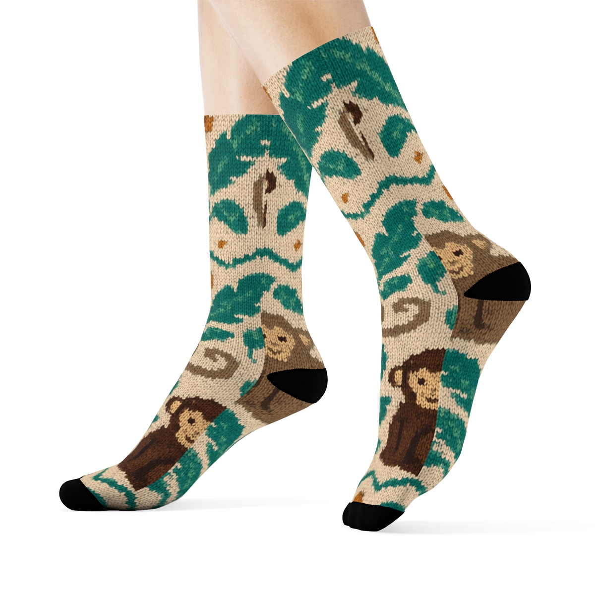 Knitted Jungle Vines Monkey Pattern soft everyday crew socks