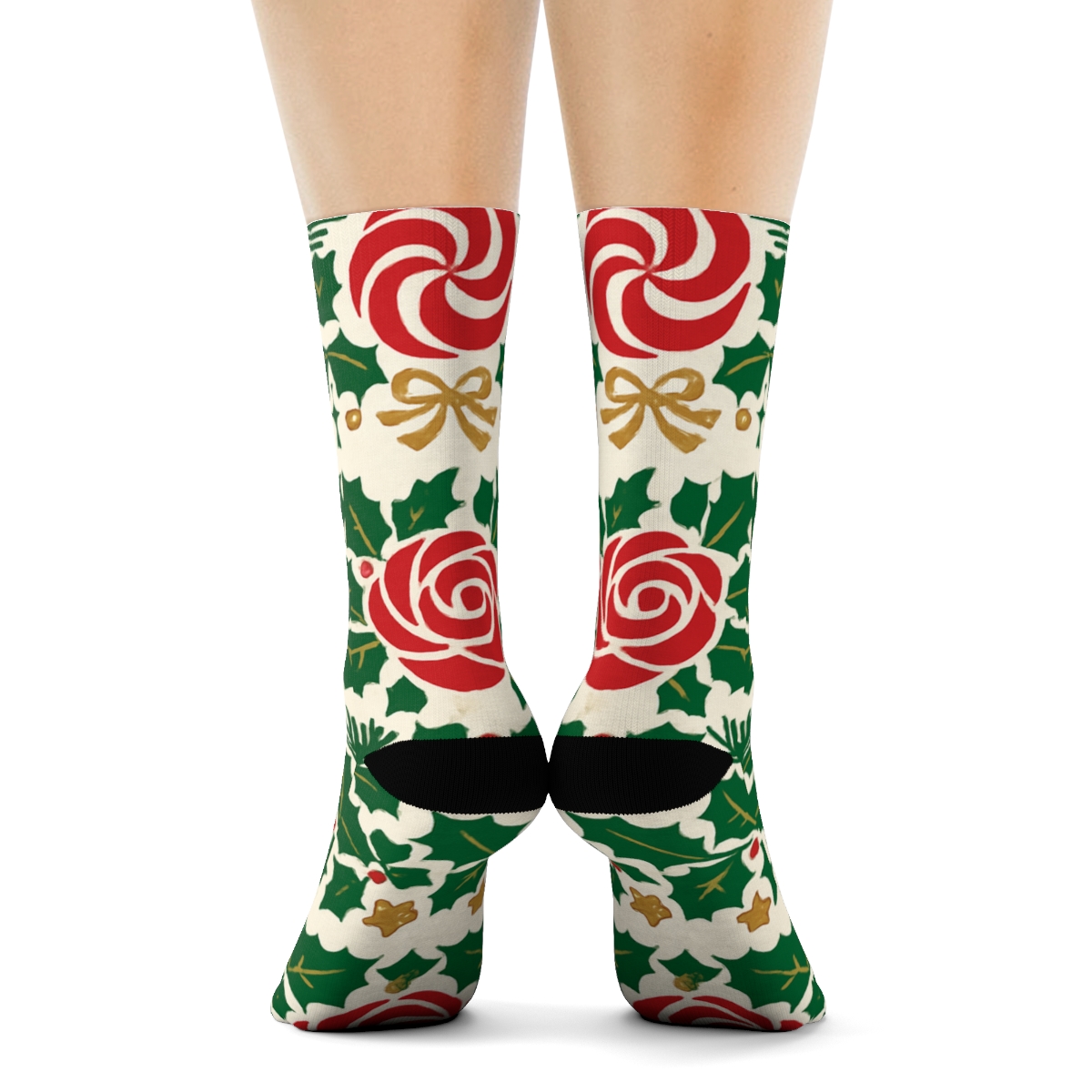 Candy Cane Rose Garland Stripe Repeat On Ivory Background personalized crew socks