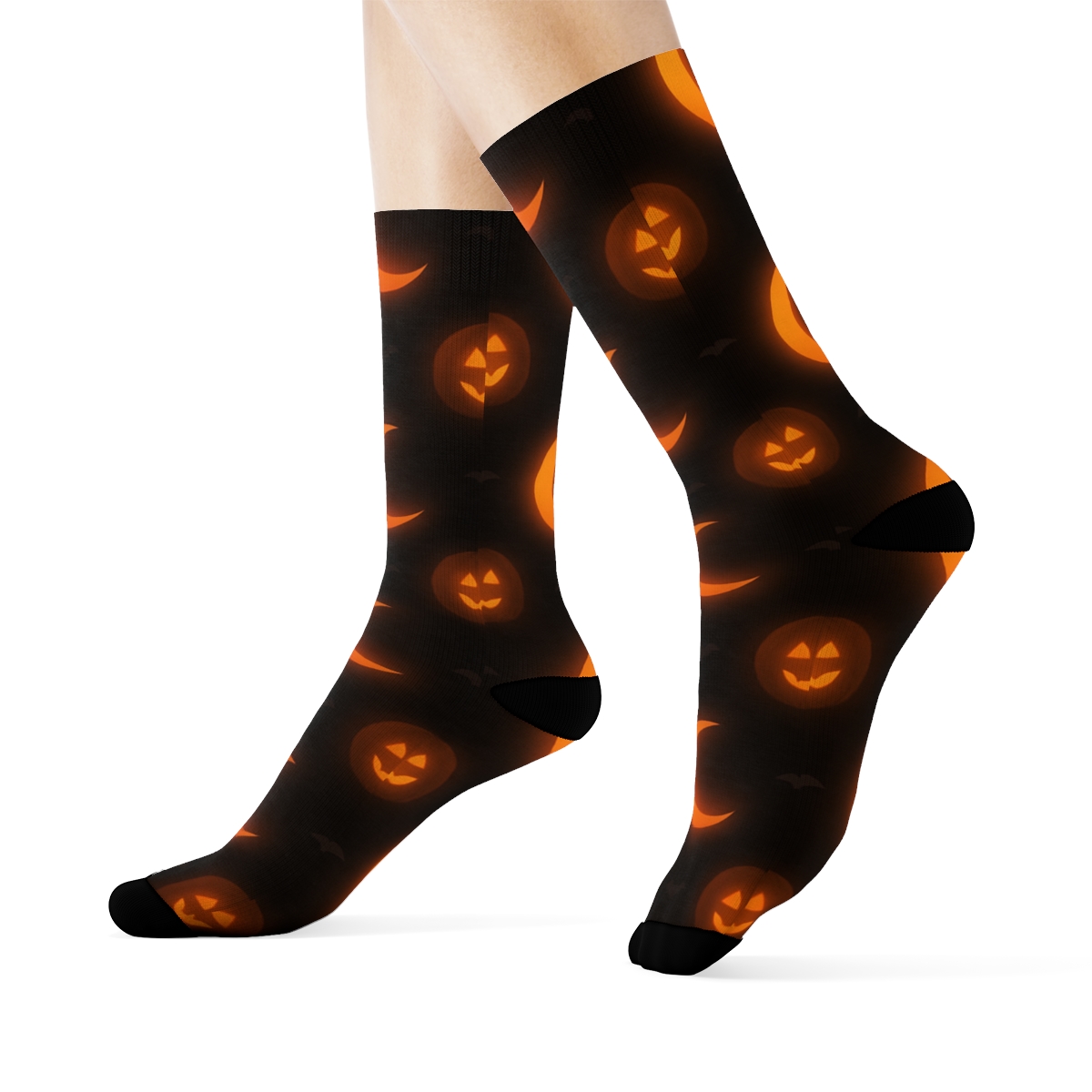 Crescent Moon Glow And Pumpkin Halo Repeat On Black Background custom crew socks