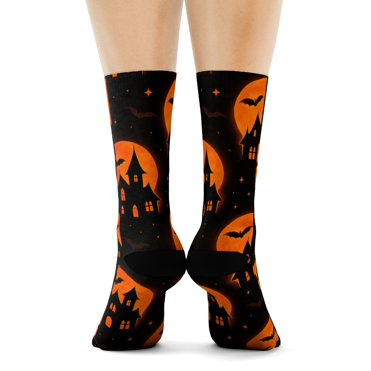 Haunted House Silhouette And Orange Moon Repeat On Black Background premium sports crew socks
