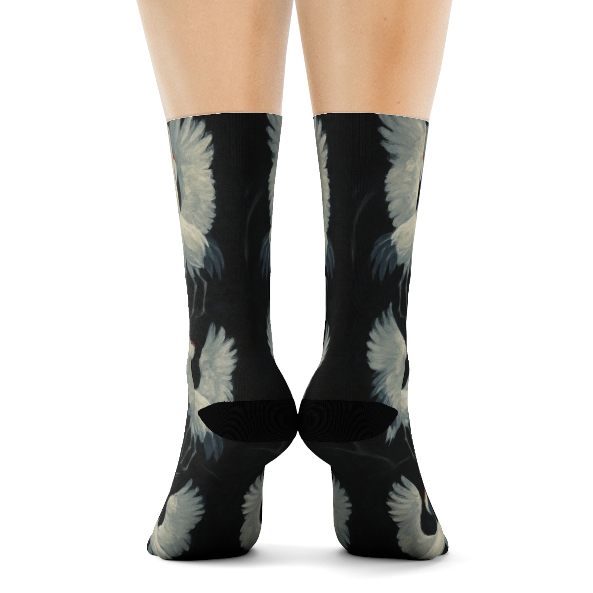 Crane Courtship Mirror Flight On Black Background stylish athletic crew socks