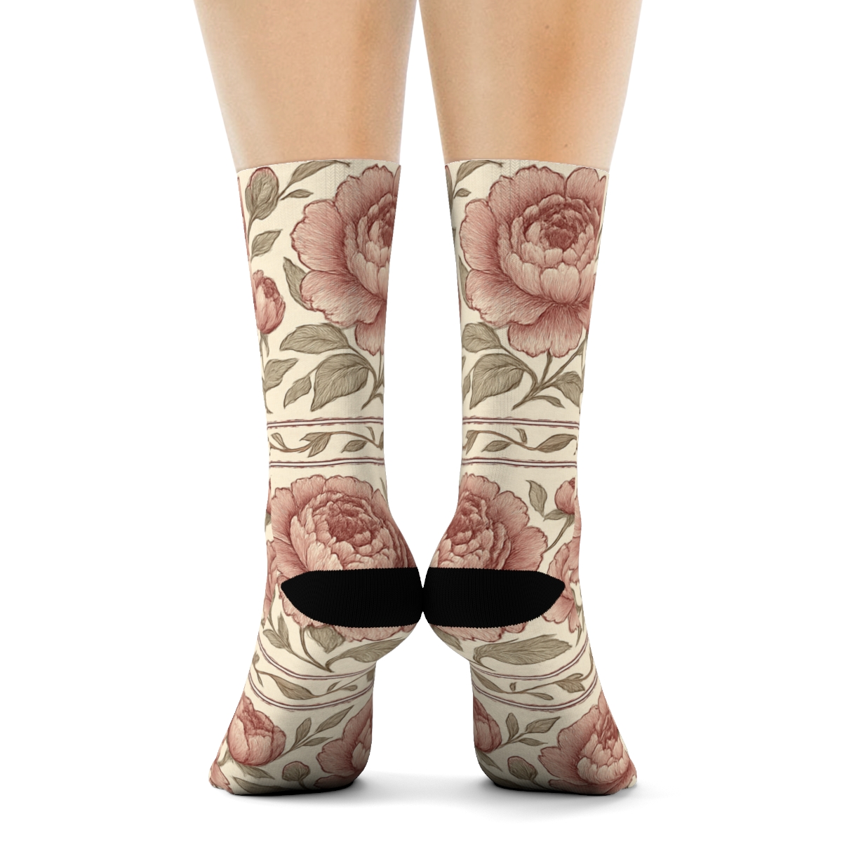 Vintage Peony Herbarium Bands On Ivory Background designer printed crew socks
