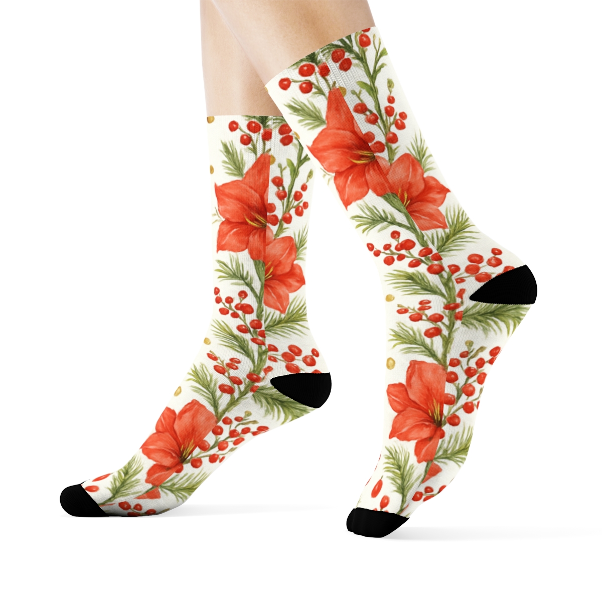 Watercolor Amaryllis And Pine Garland Stripe Repeat On Snow White Background stylish athletic crew socks