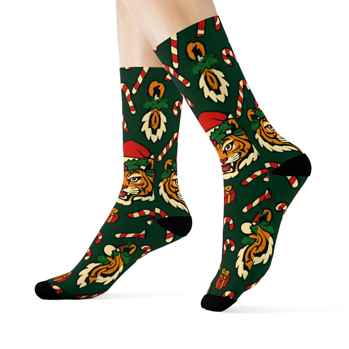 Holly Crown Tiger Tessellation On Deep Pine Green Background custom crew socks