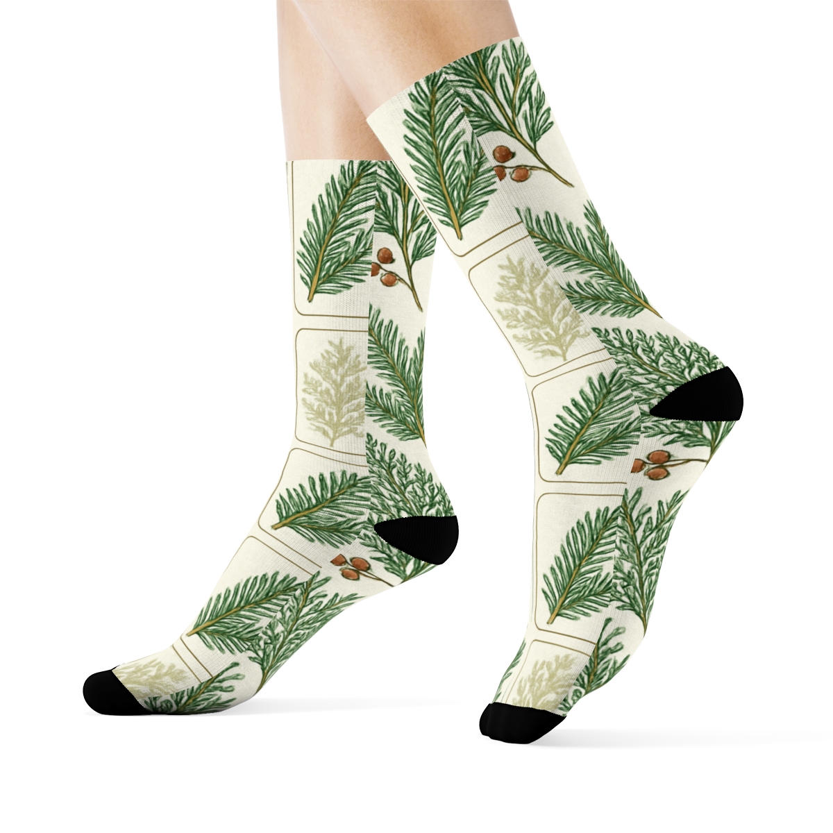 Vintage Botanical Tiles Inspired By Evergreen Branches soft everyday crew socks