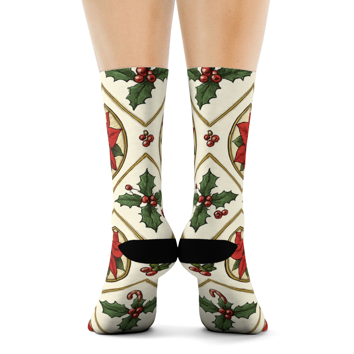 Crimson Poinsettia Ornament Lattice On Snow White Background soft everyday crew socks