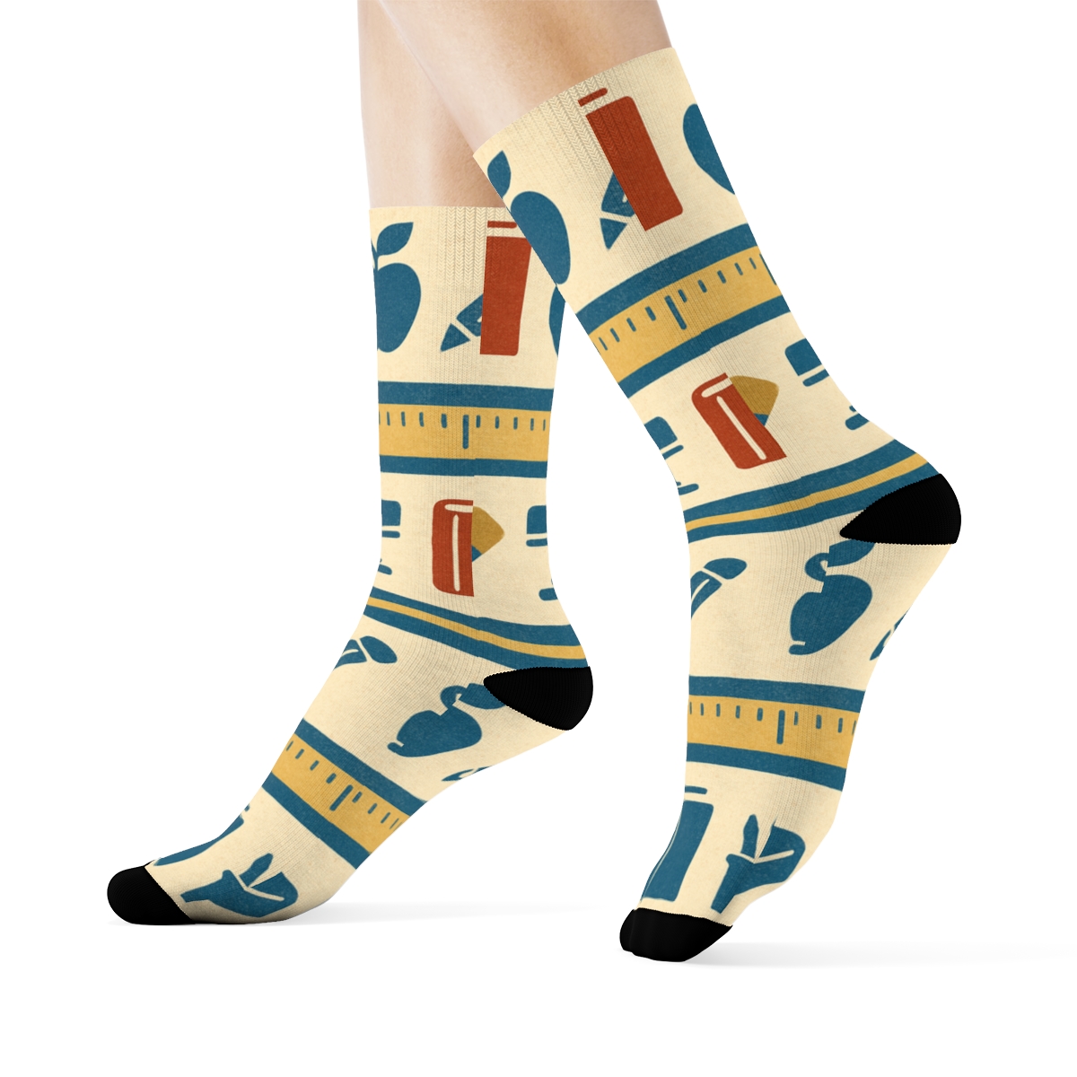 Books And Pencils With Teacher Poster Stripes designer printed crew socks