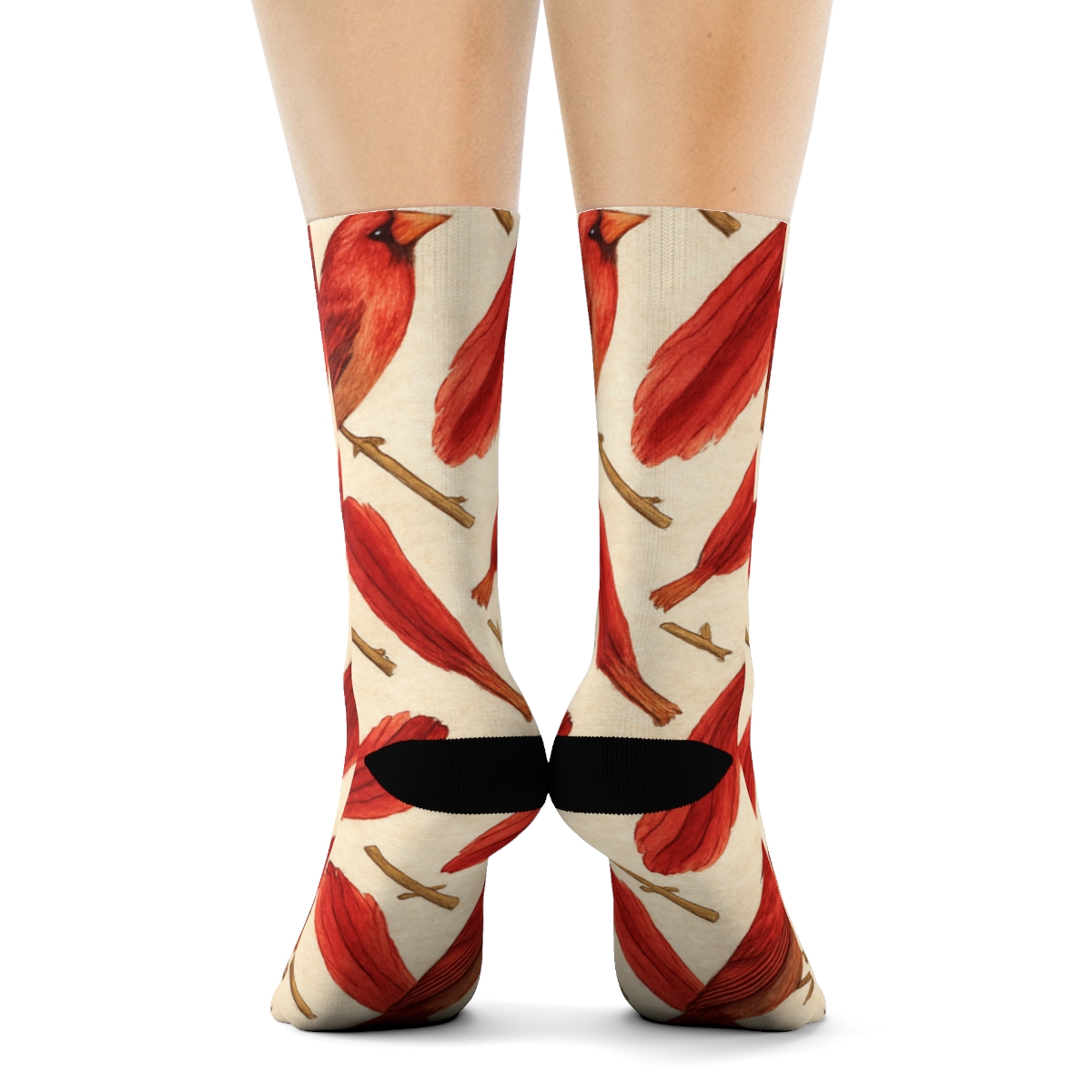 Crimson Cardinal Feather Lattice On Ivory Background soft everyday crew socks