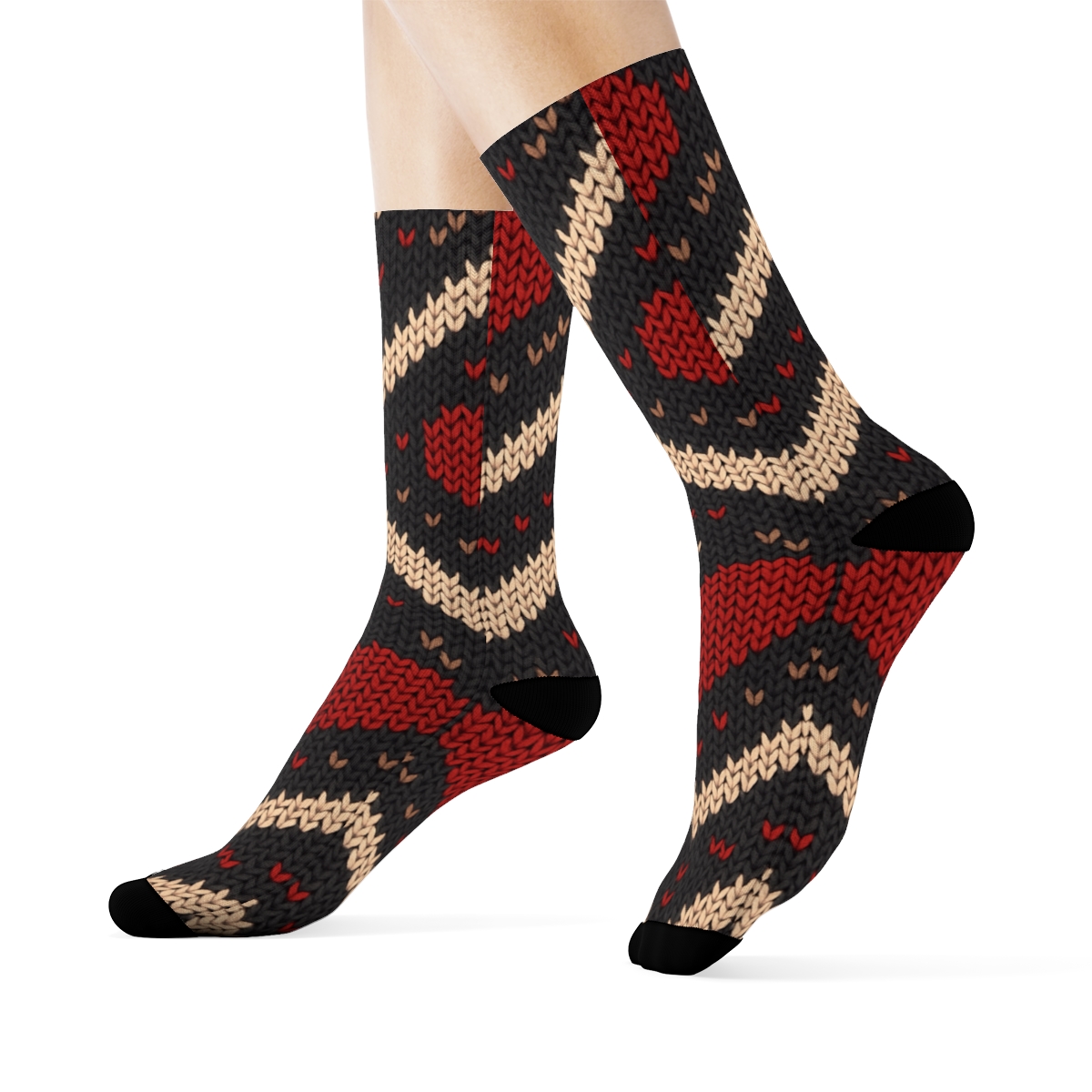 Valentines Classic Heart Knit Illusion Chevron Field unique graphic crew socksValentines Classic Ticker Knit Illusion Chevron Field Crew Socks - Image 3