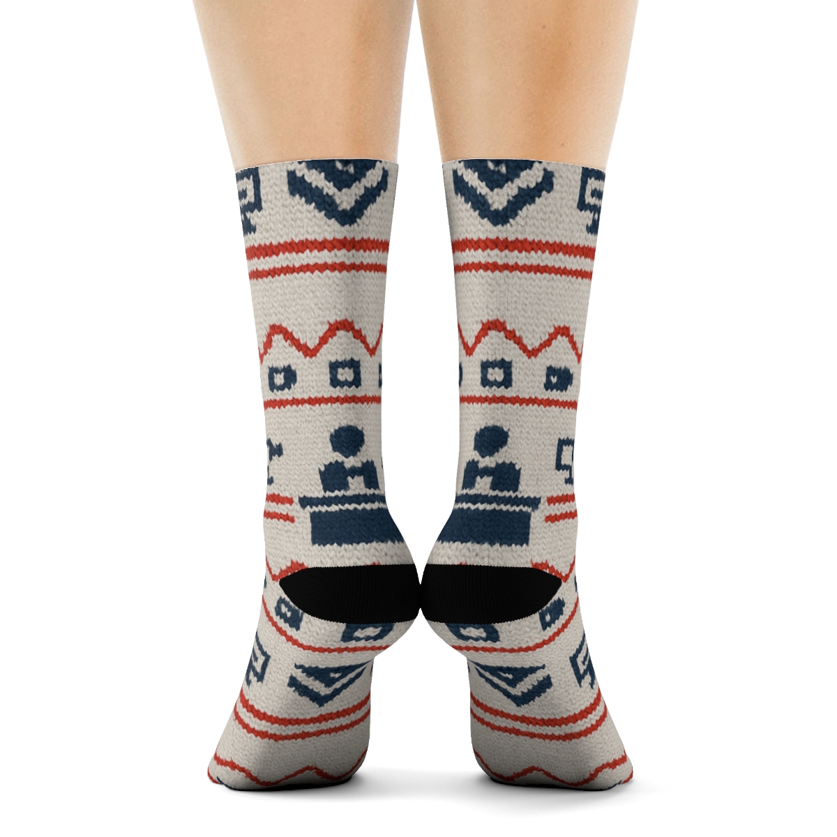 Broadcast Knit Motif News Anchor designer printed crew socks