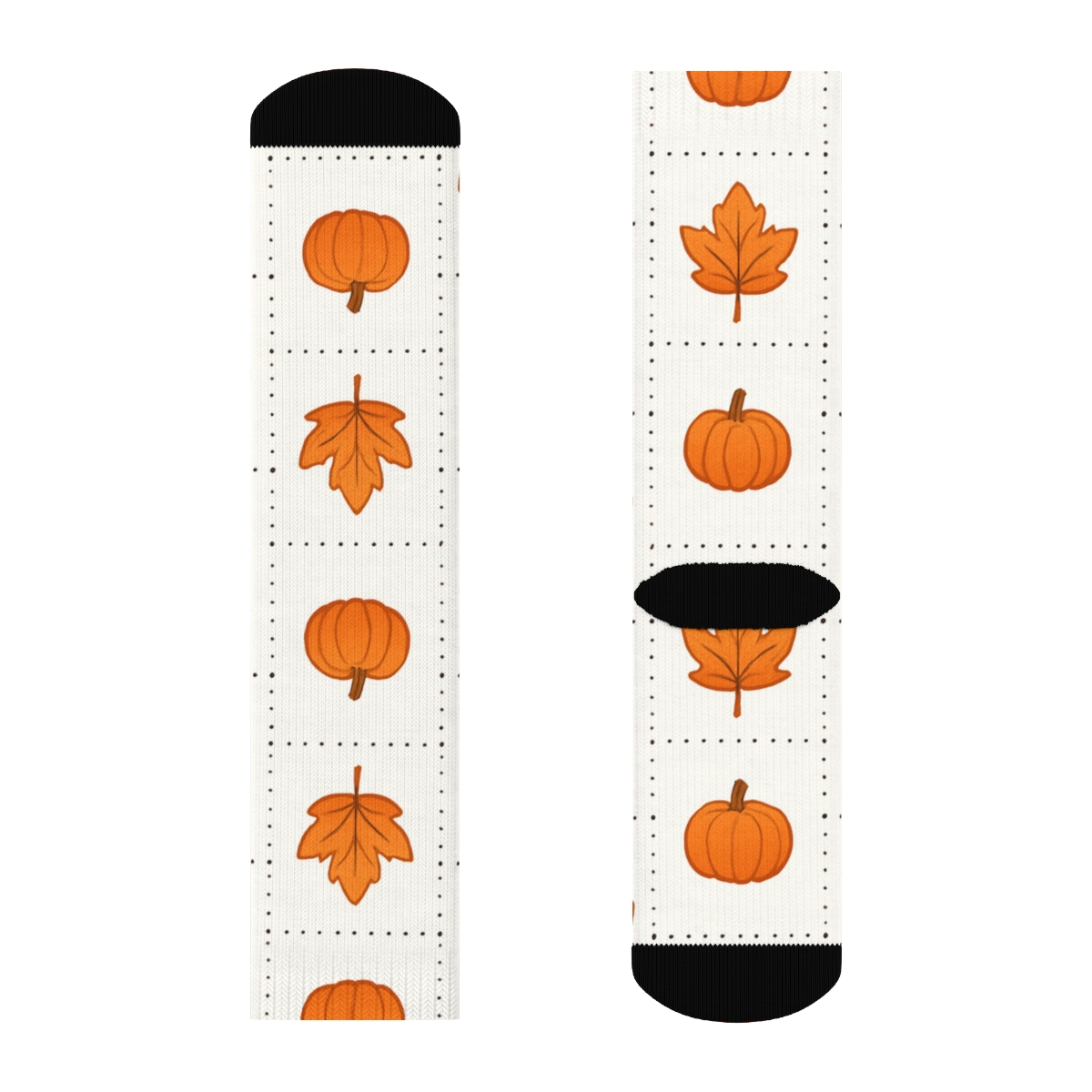 Orange Autumn Leaf And Mini Pumpkin Alternating Grid On White Background trendy patterned crew socks