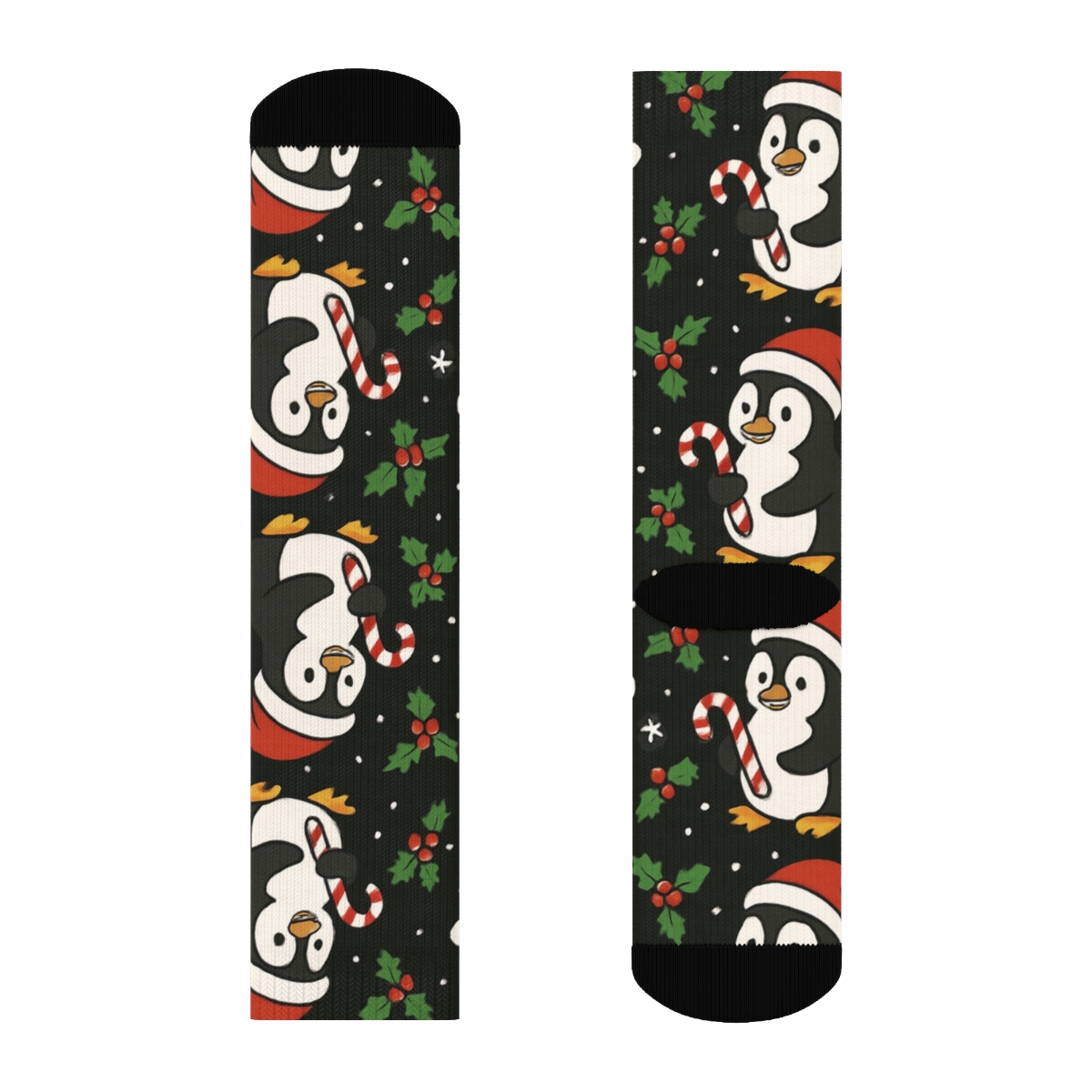 Candy Cane Penguin Parade Tile On Midnight Black Background premium sports crew socks