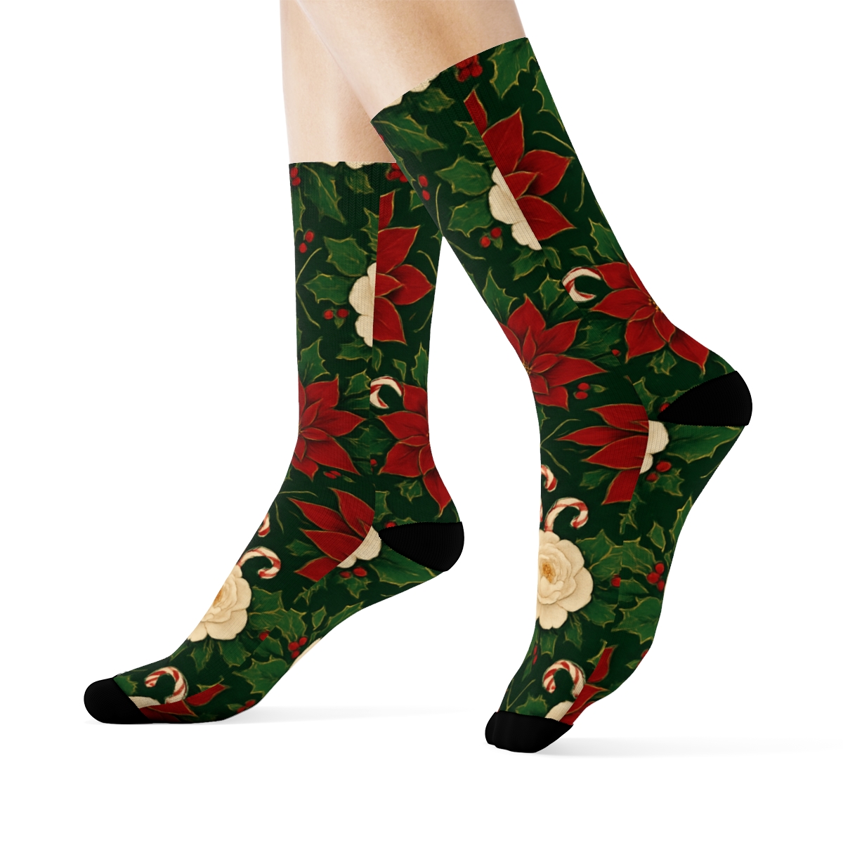 Poinsettia Peony Candy Cane Lattice On Forest Green Background soft everyday crew socks
