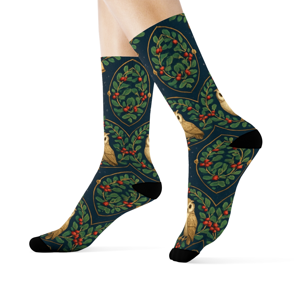 Mistletoe Owl Medallions On Navy Blue Background unique graphic crew socks