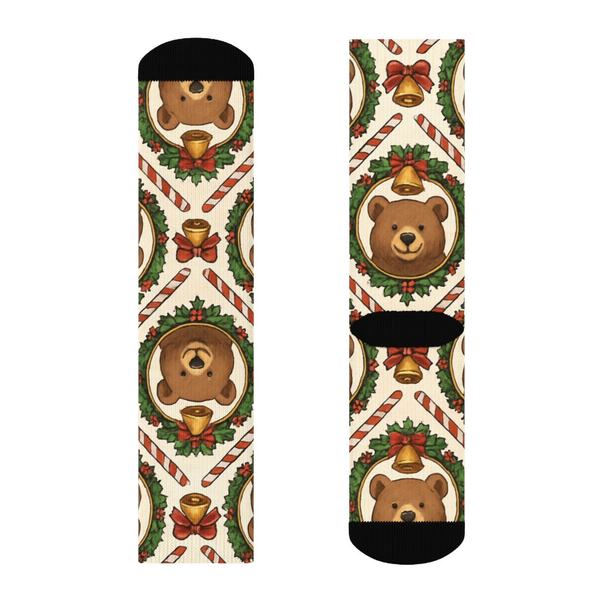 Bear Sleigh Bell Medallions On Ivory Background custom crew socks