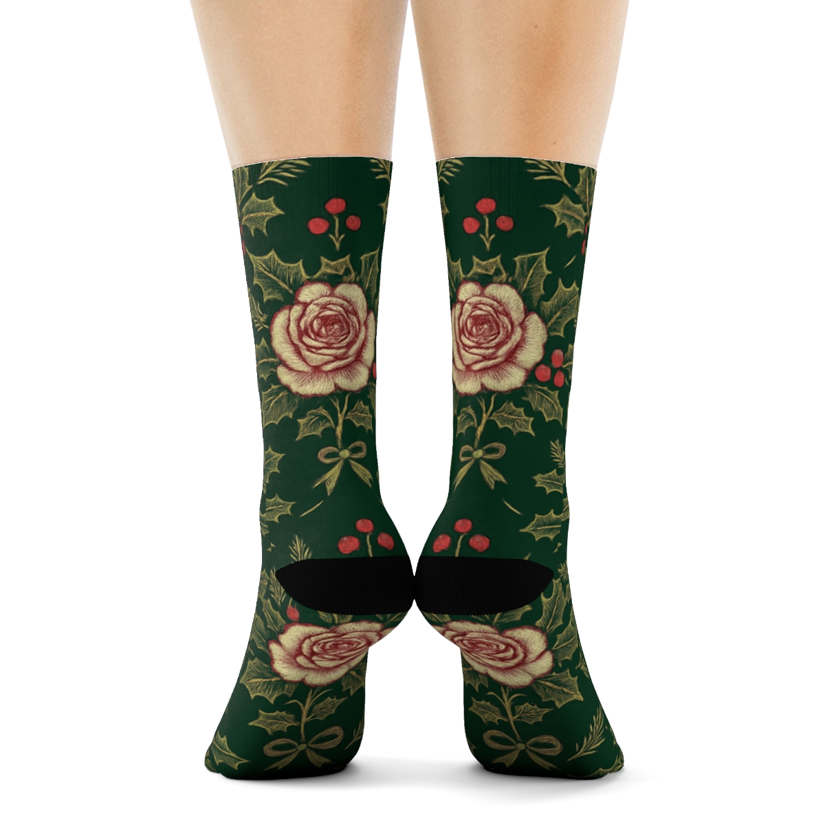 Holly Rose Lattice On Deep Pine Green Background soft everyday crew socks