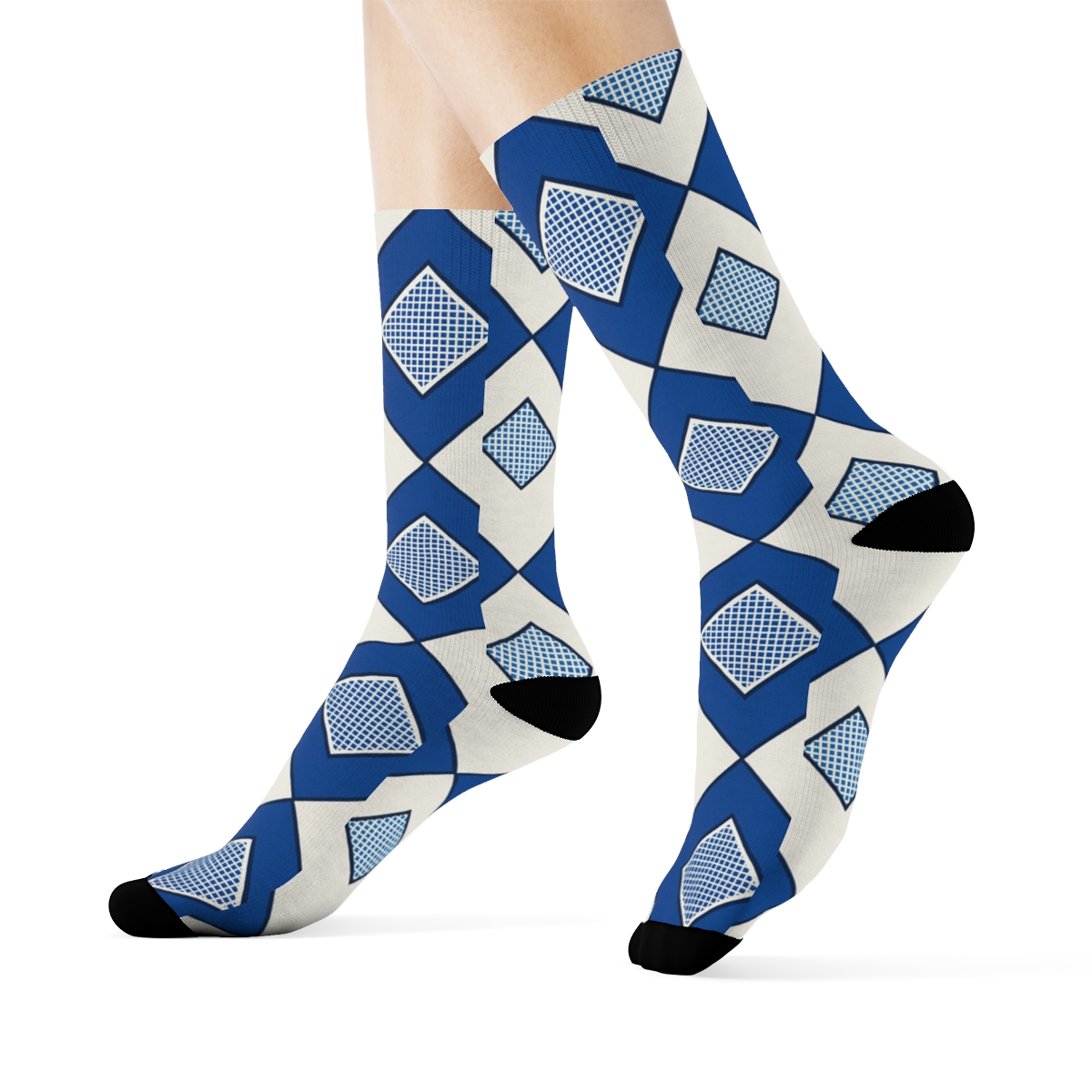 Cobalt And Ivory Diagonal Diamond Check With Nested Micro Check Insets trendy patterned crew socks