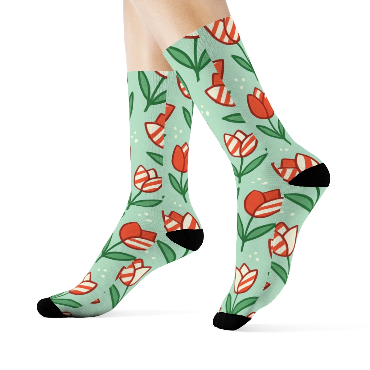 Candy Cane Tulip Scatter On Frosted Mint custom crew socks