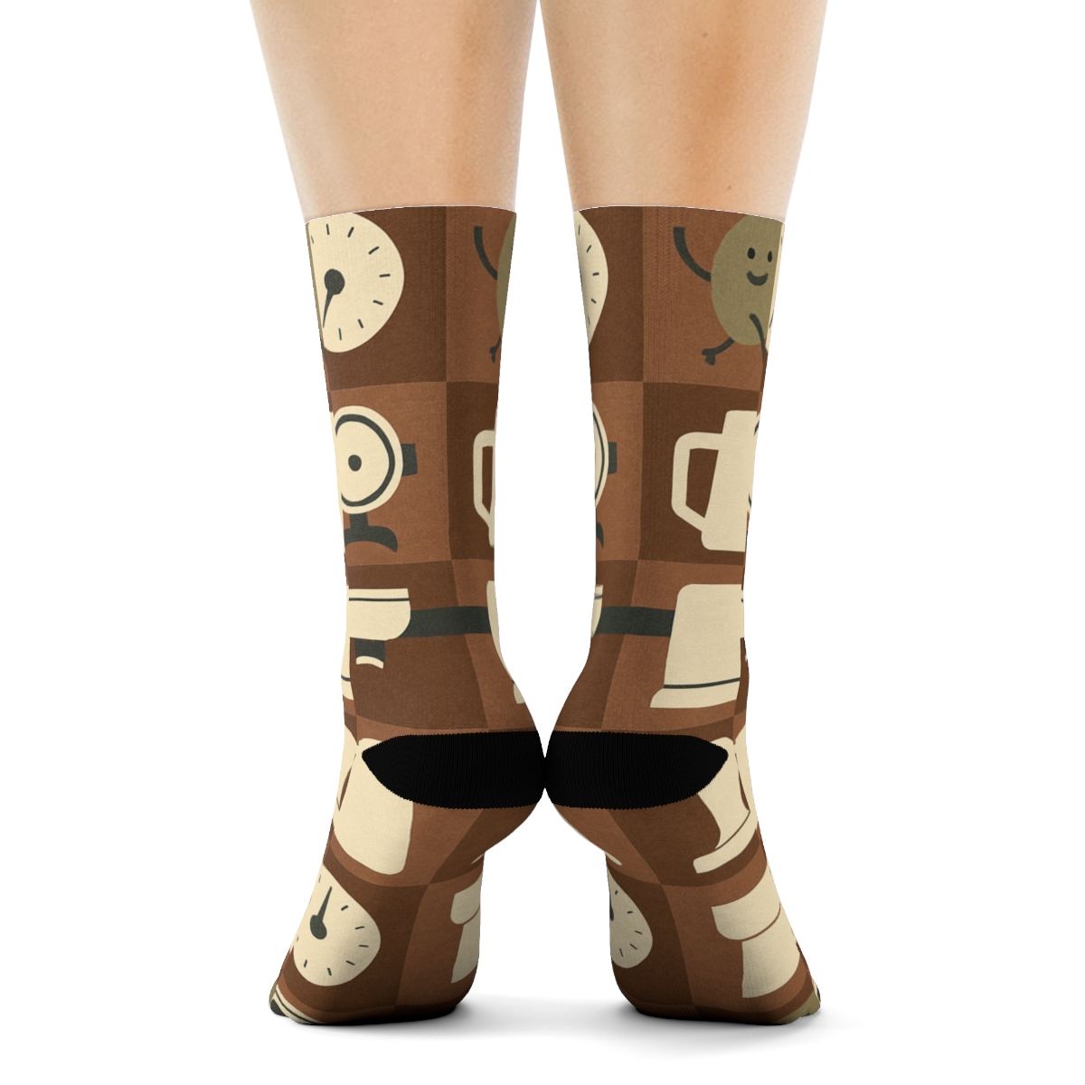 Cafe Collage Tiles With Barista Tools In Mocha Grid trendy patterned crew socks