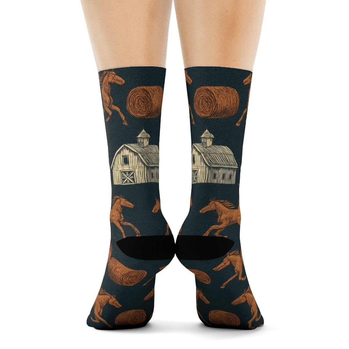 Barn Silhouette Grid With Rancher Horses stylish athletic crew socks