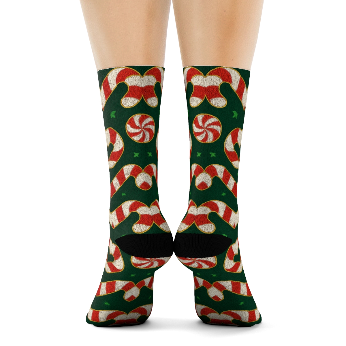 Candy Cane Chevron Holiday Knit On Midnight Green unique graphic crew socks